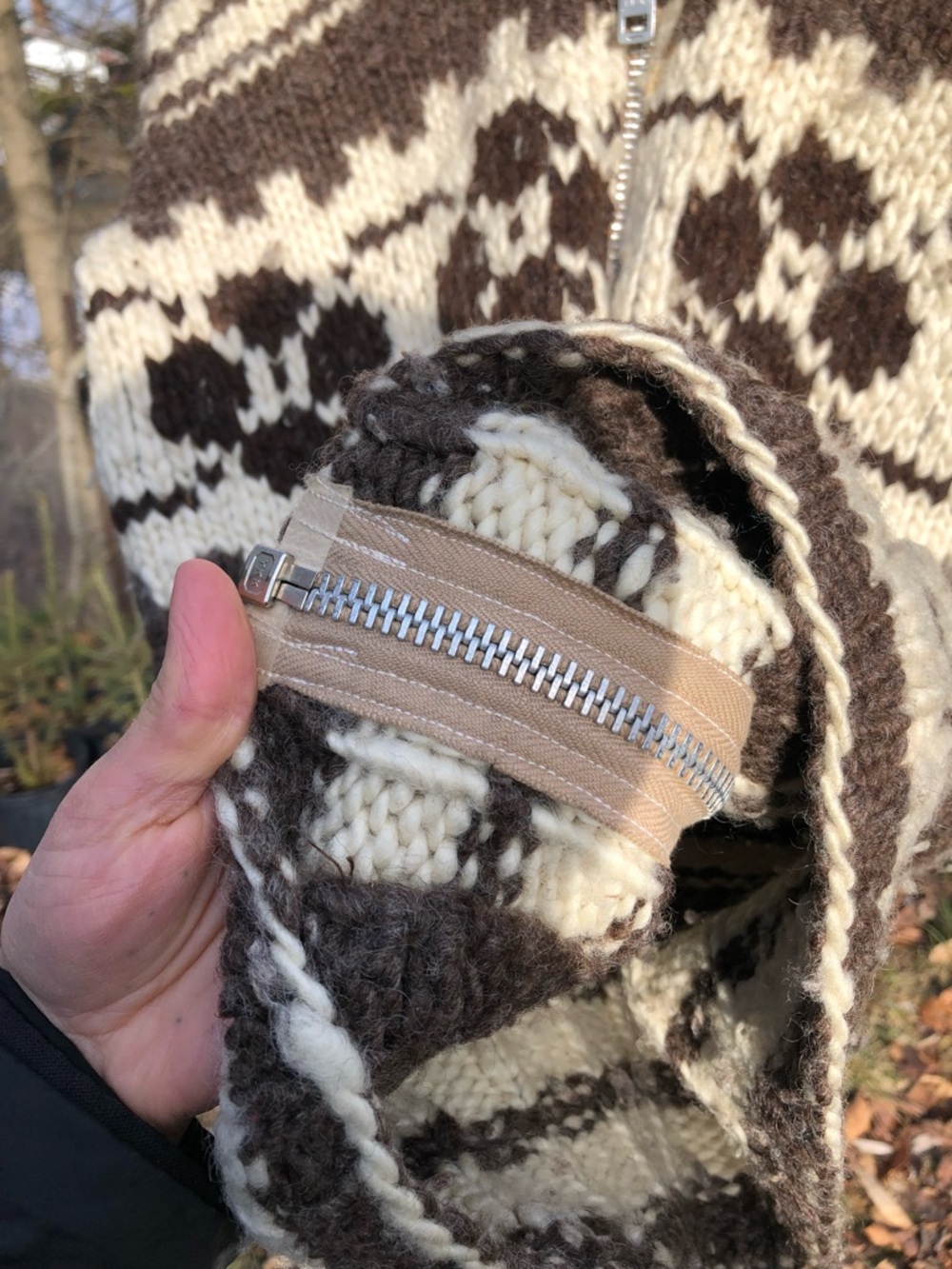 Handmade Chunky Zip-Front Cowichan-Style Sweater in Cream & Brown - Picture 7 of 11